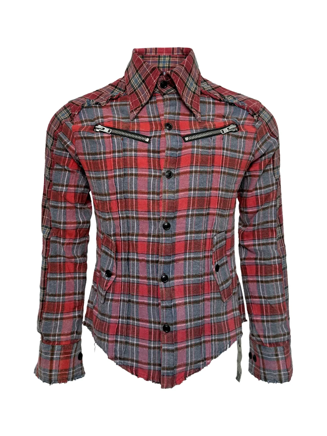 PCCVISION | Red Blue Plaid Distressed Long Sleeve Shirt
