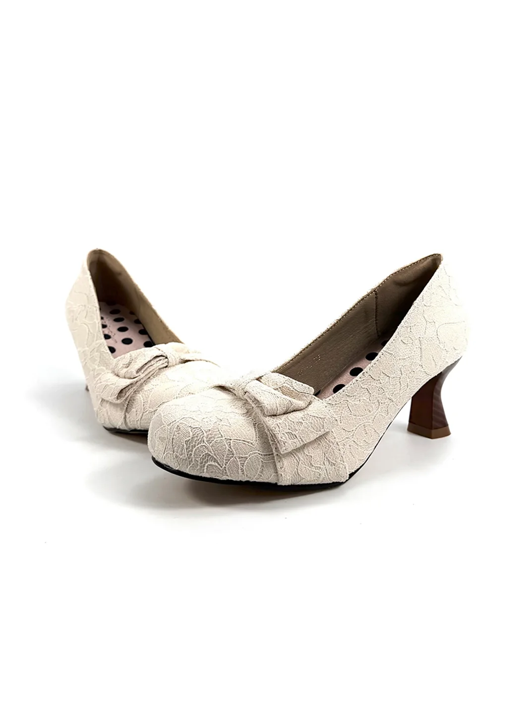 Dolly Bae | Apricot Jacquard Lace Bow Goblet Heels