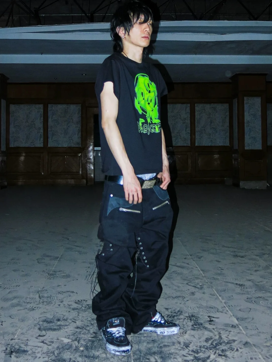 PCCVISION | Adjustable Black Leather-Panel Flared Jeans