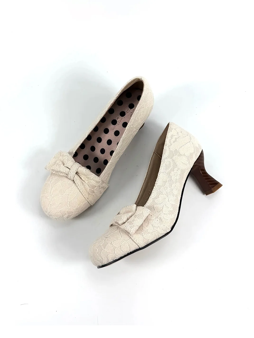 Dolly Bae | Apricot Jacquard Lace Bow Goblet Heels
