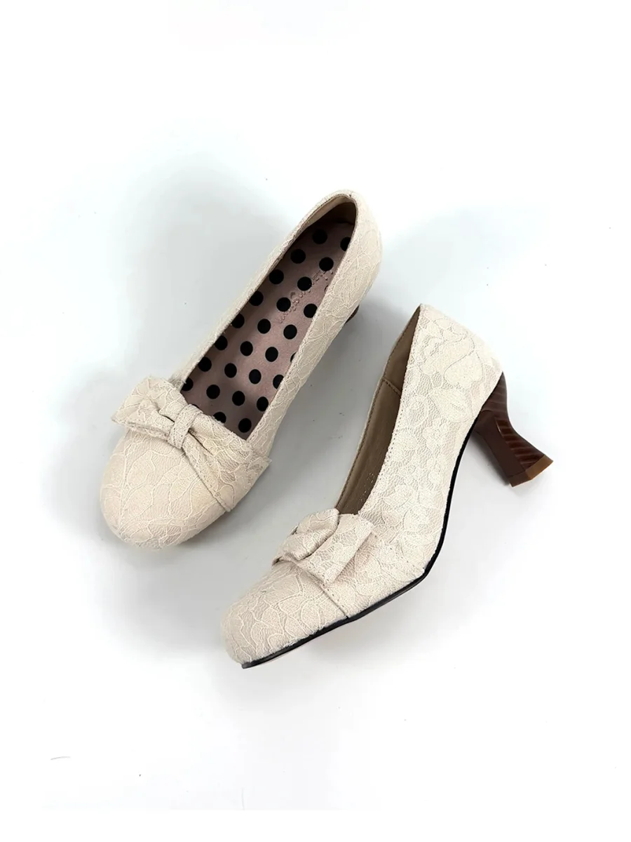 Dolly Bae | Apricot Jacquard Lace Bow Goblet Heels - 4