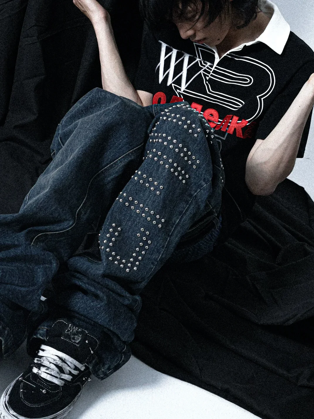 PCCVISION | Washed Studded Wide-Leg Jeans