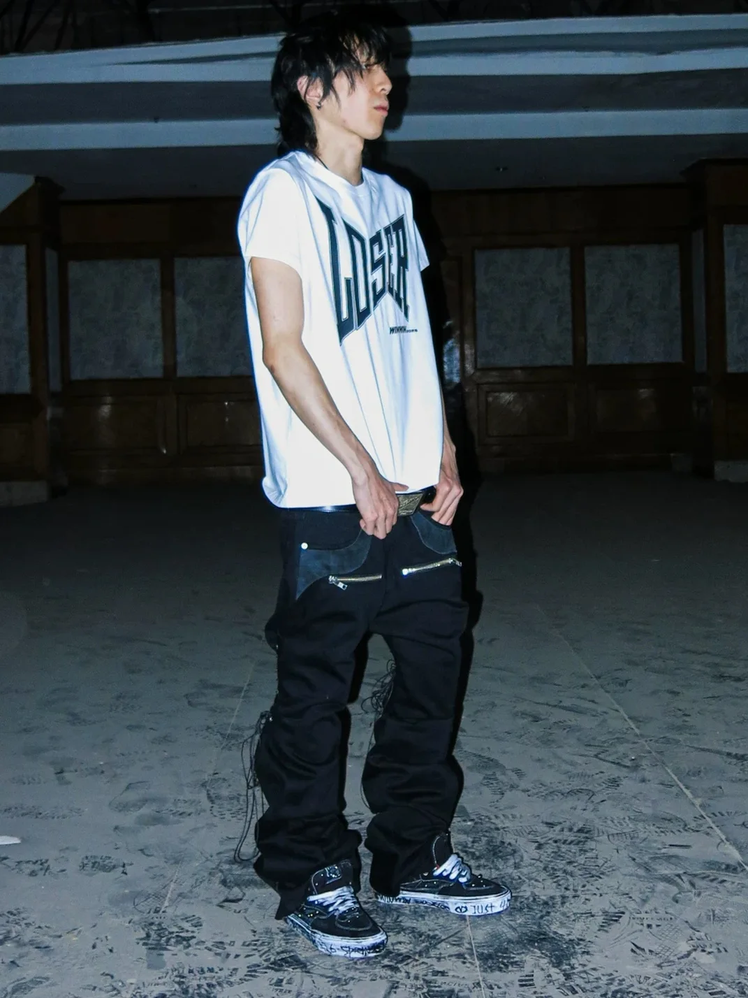 PCCVISION | Adjustable Black Leather-Panel Flared Jeans