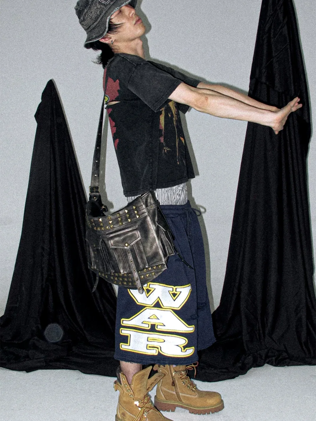 PCCVISION | Black Studded Leather Crossbody Bag