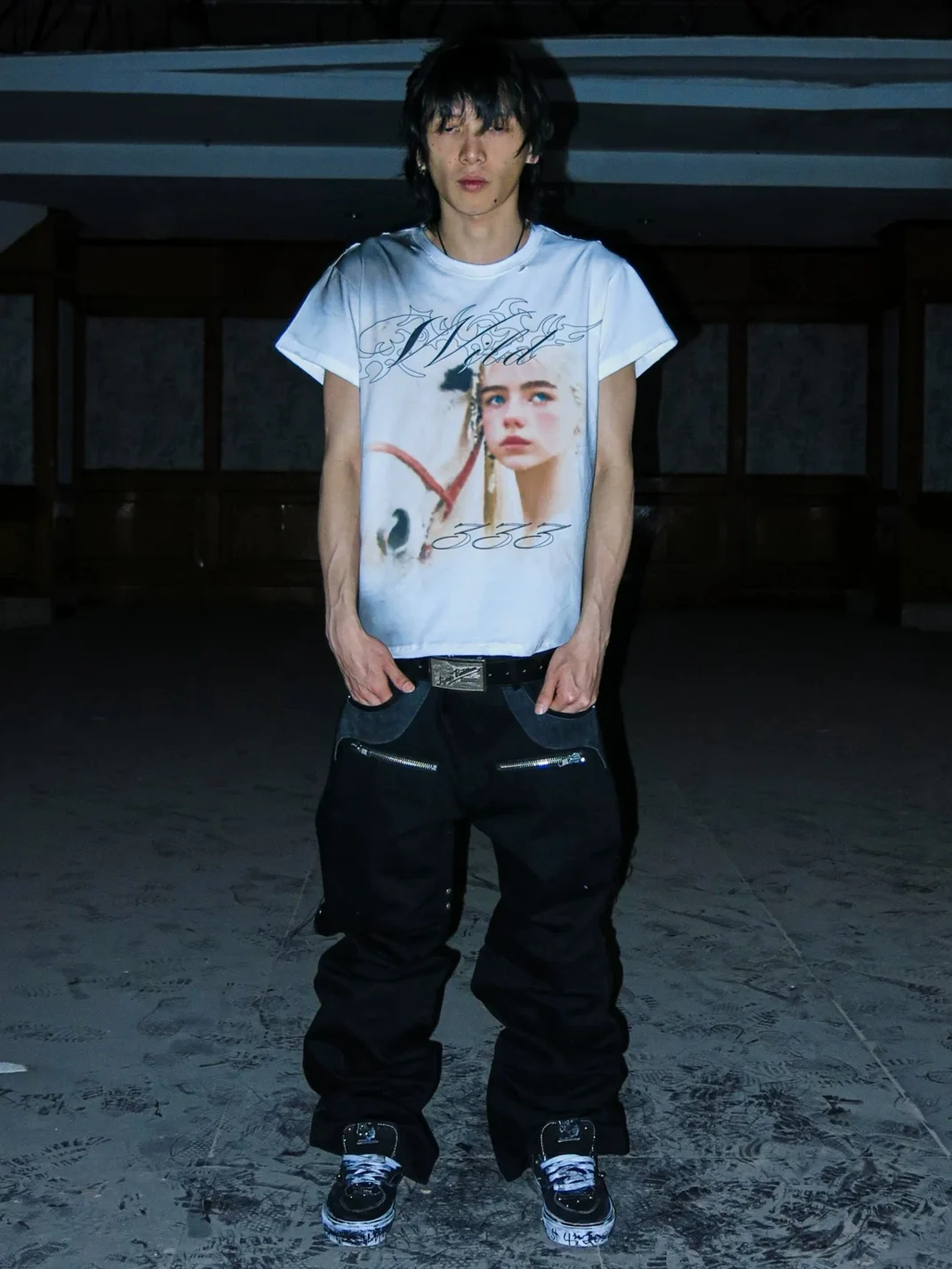 PCCVISION | Adjustable Black Leather-Panel Flared Jeans