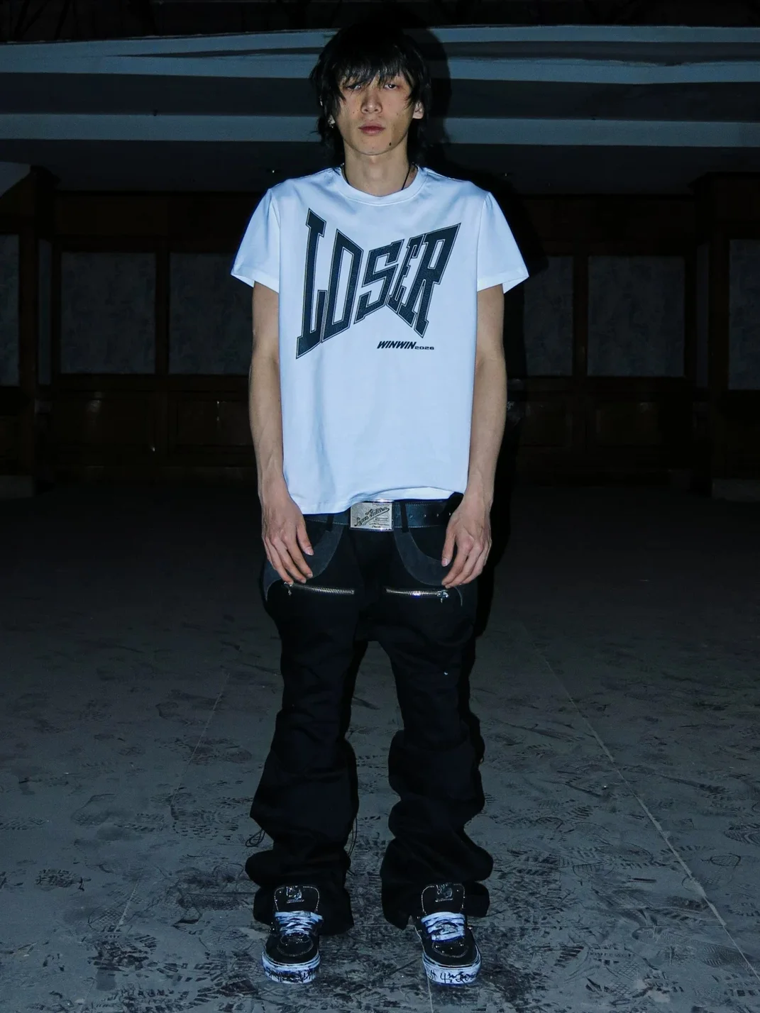 PCCVISION | Adjustable Black Leather-Panel Flared Jeans