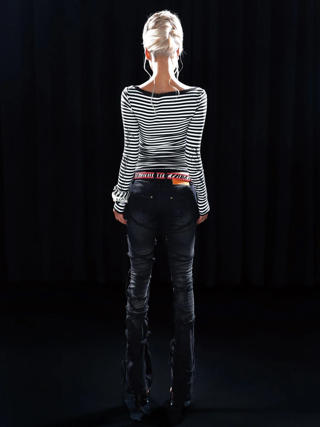 PCCVISION | Sequin Print Lace Stripe Fitted Long Sleeve T-Shirt