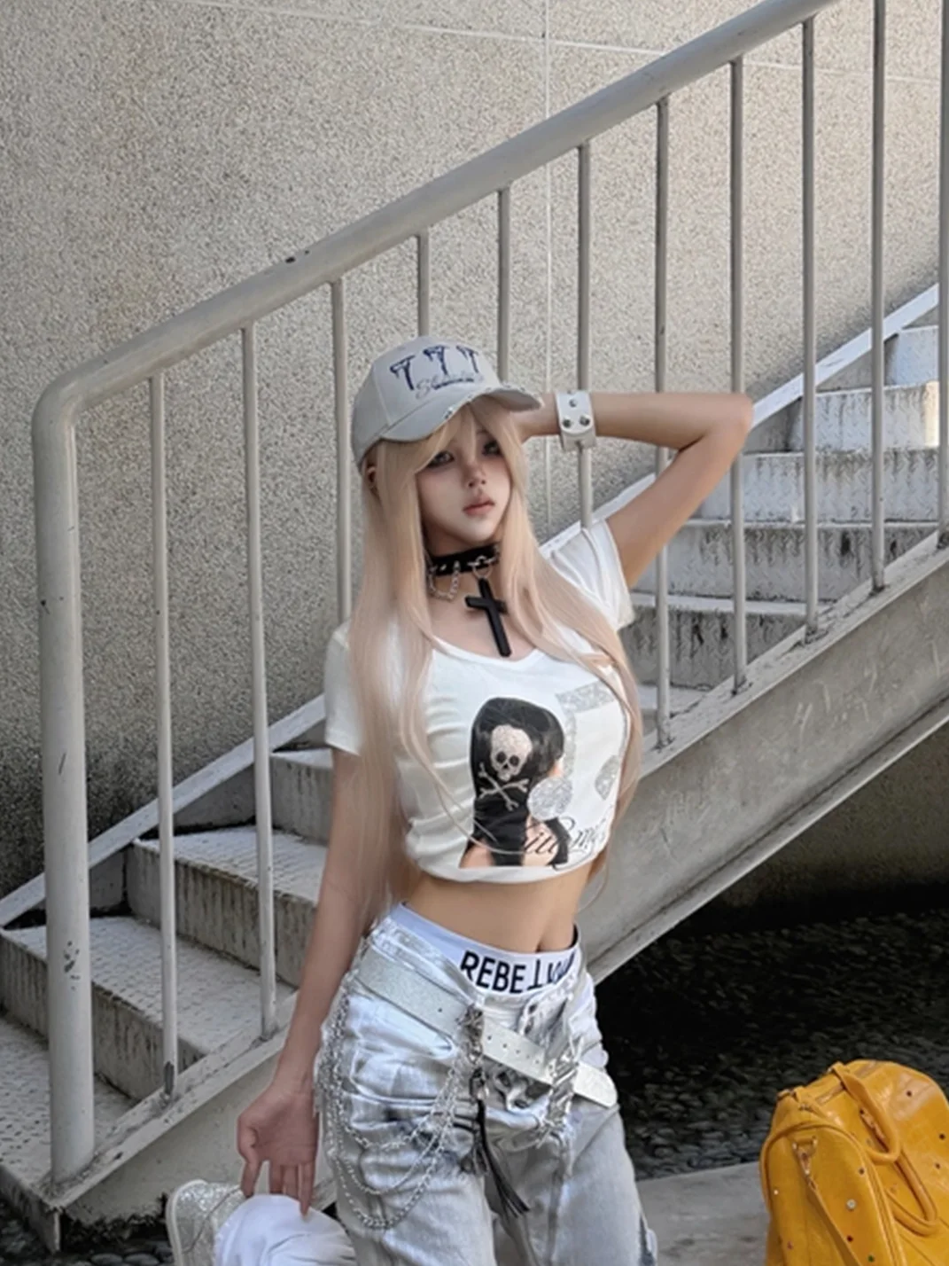 WANNA LAB | Distressed 777 Embroidered Curved Brim Baseball Cap