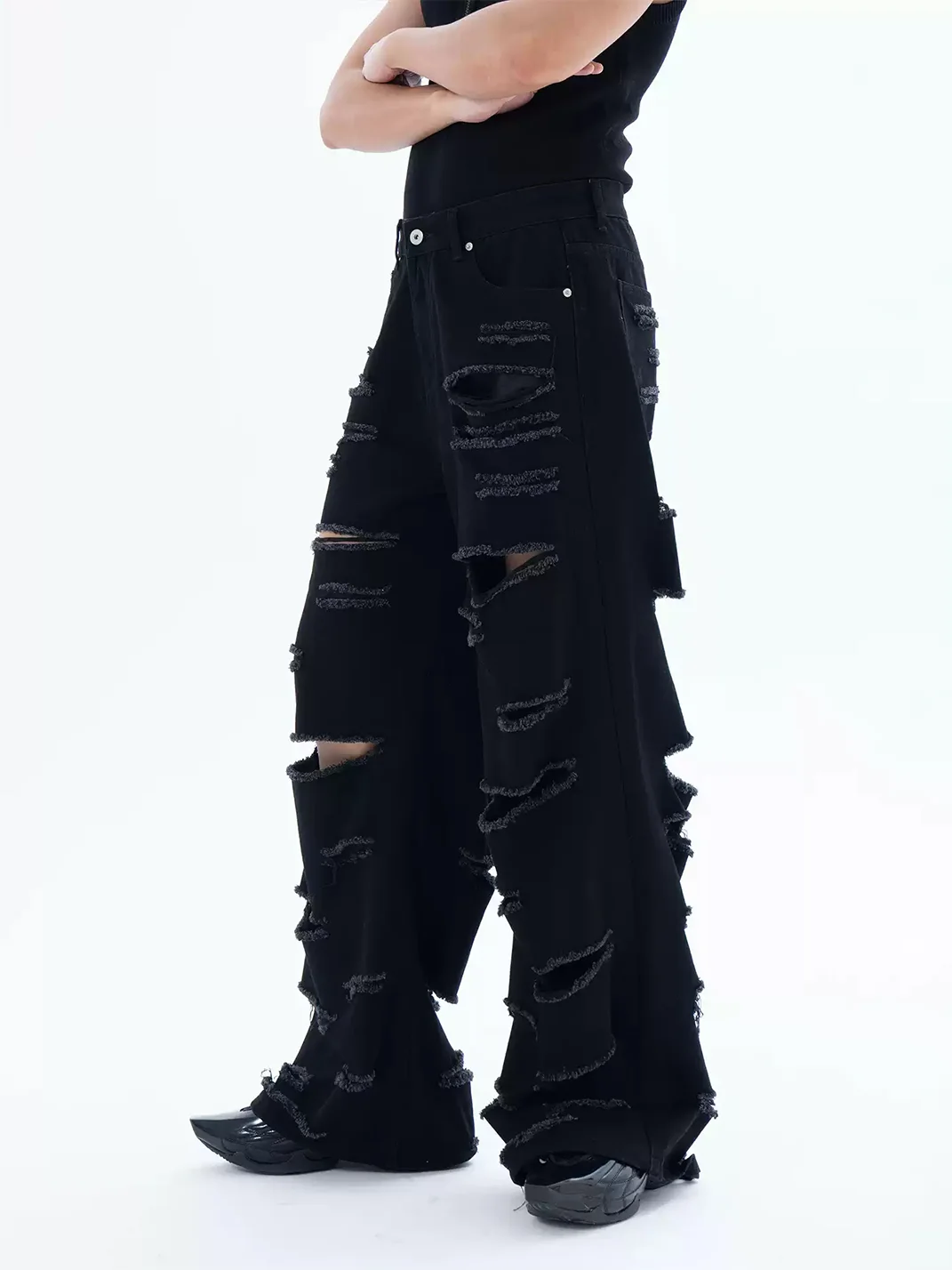 CLP | Black Distressed Wide-Leg Jeans