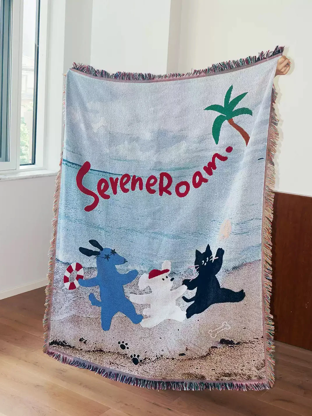 SOREMO | Dog Beach Scene Woven Tassel Throw Blanket