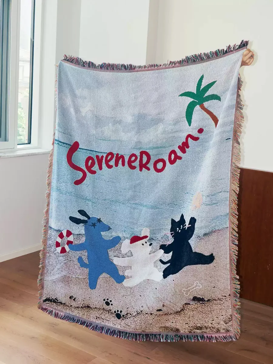 SOREMO | Dog Beach Scene Woven Tassel Throw Blanket - 4