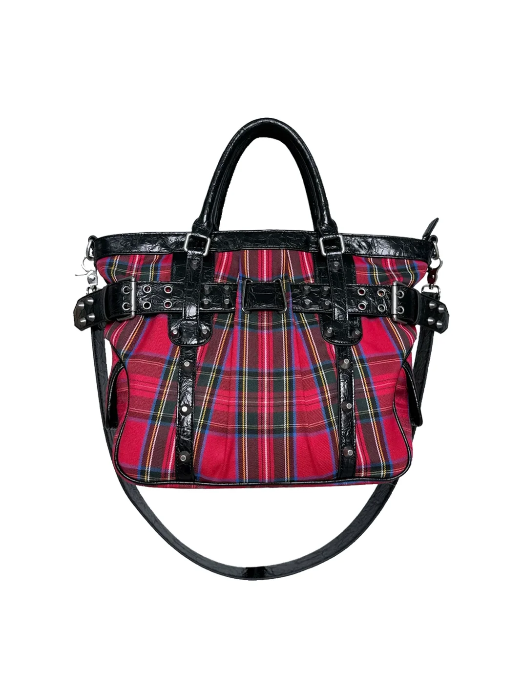 PCCVISION | Red Plaid Studded Strap Tote Bag