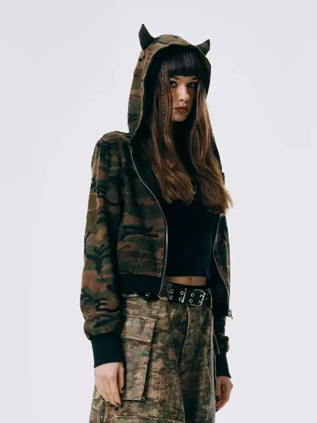 GOST | Camouflage Devil Horn Cropped Hooded Jacket