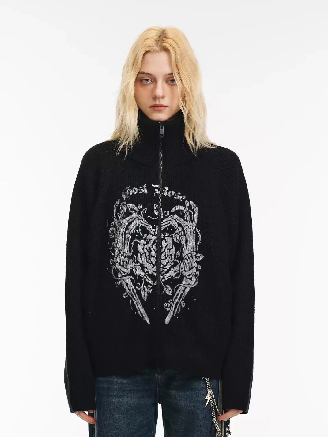 GOST | Skull Rose Graphic Knit Zip Sweater
