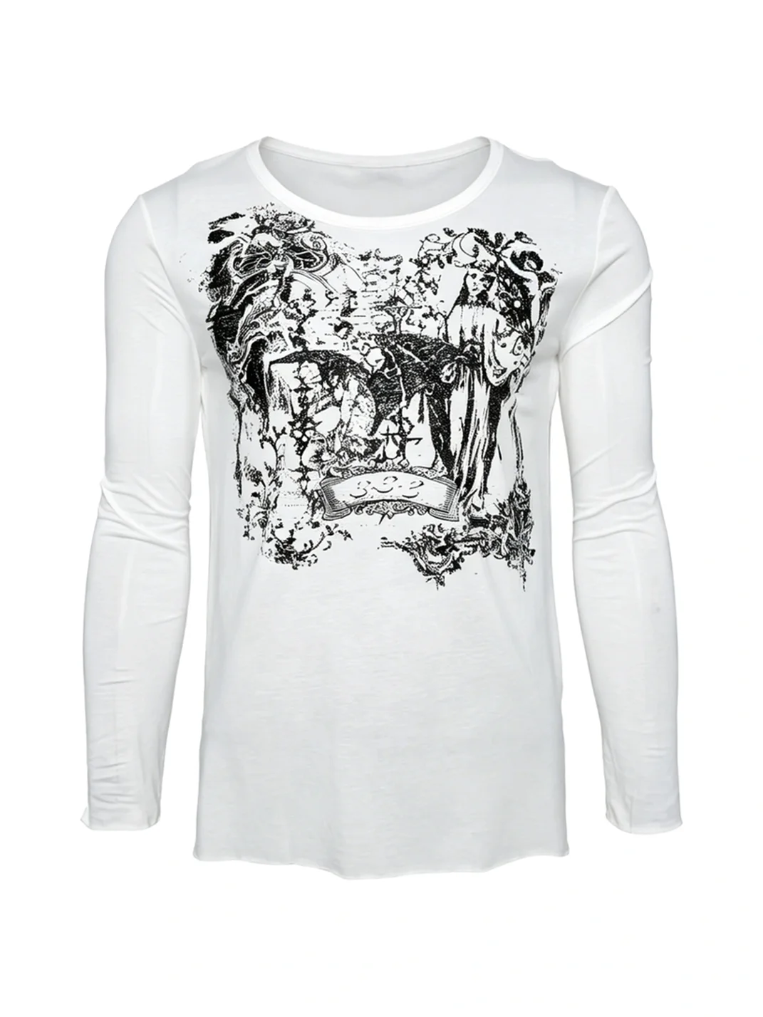 PCCVISION | Distressed Printed White Long Sleeve Crew Neck T-Shirt