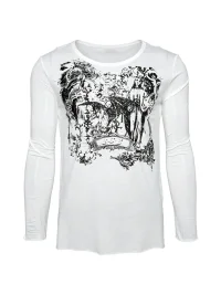 PCCVISION | Distressed Printed White Long Sleeve Crew Neck T-Shirt