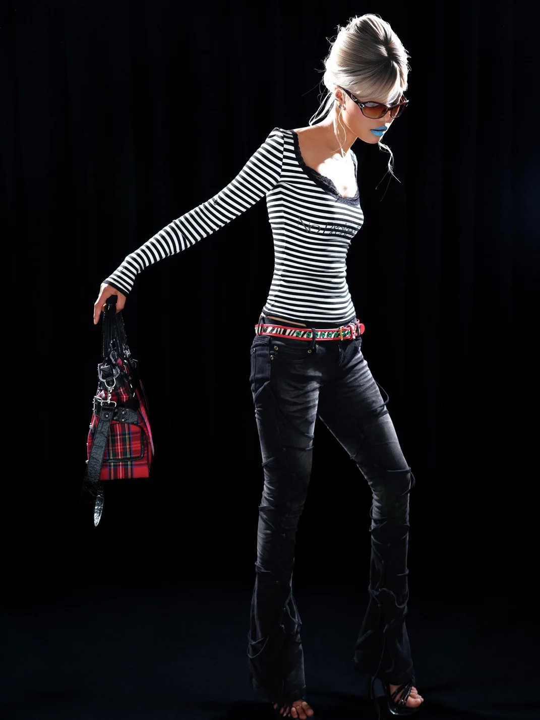 PCCVISION | Sequin Print Lace Stripe Fitted Long Sleeve T-Shirt