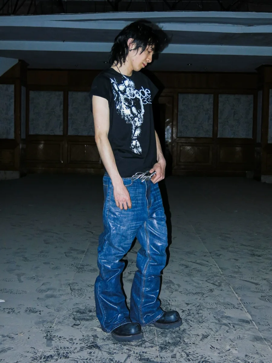PCCVISION | Coated Dark Blue Bootcut Flare Jeans - 3