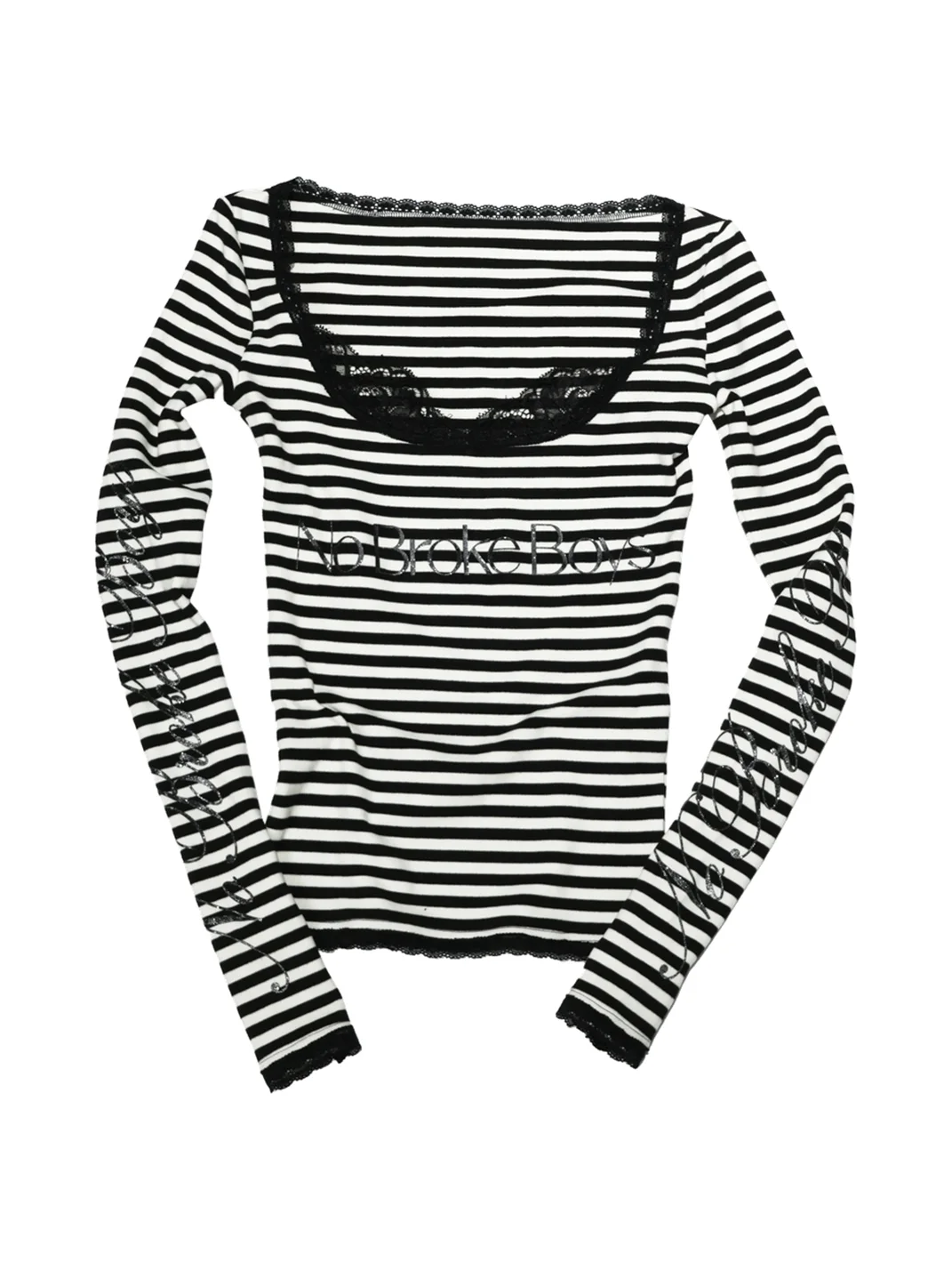 PCCVISION | Sequin Print Lace Stripe Fitted Long Sleeve T-Shirt