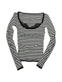 PCCVISION | Sequin Print Lace Stripe Fitted Long Sleeve T-Shirt