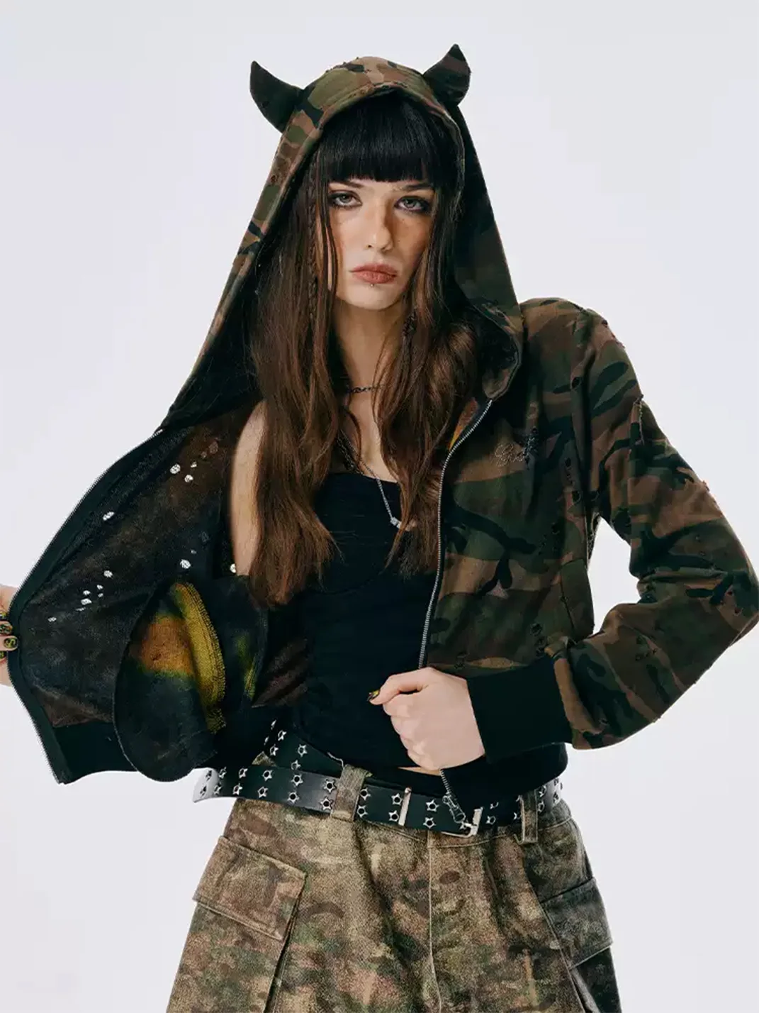 GOST | Camouflage Devil Horn Cropped Hooded Jacket