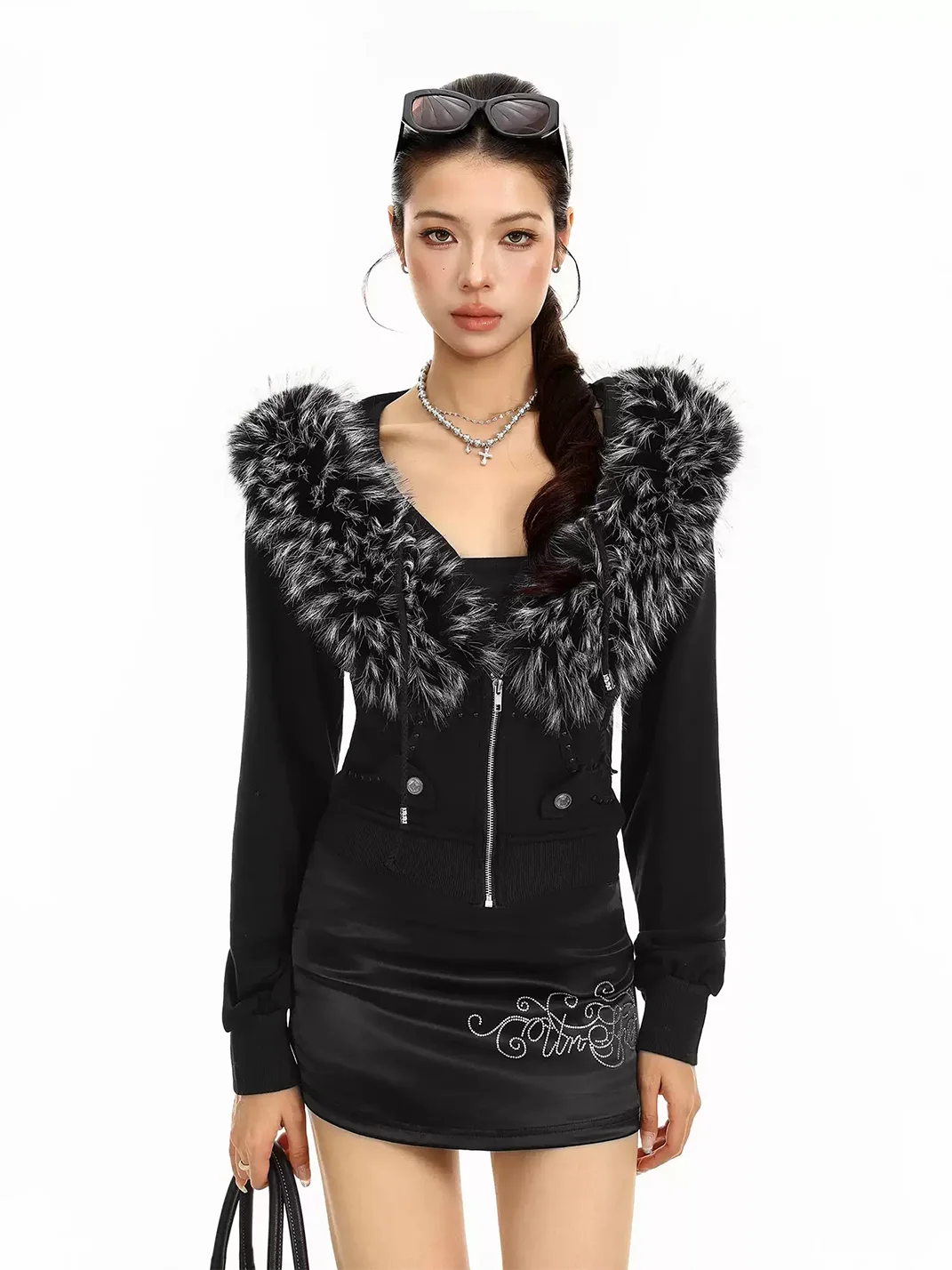 BIGGOLD | Cropped Detachable Fur Trim Hooded Zip Jacket