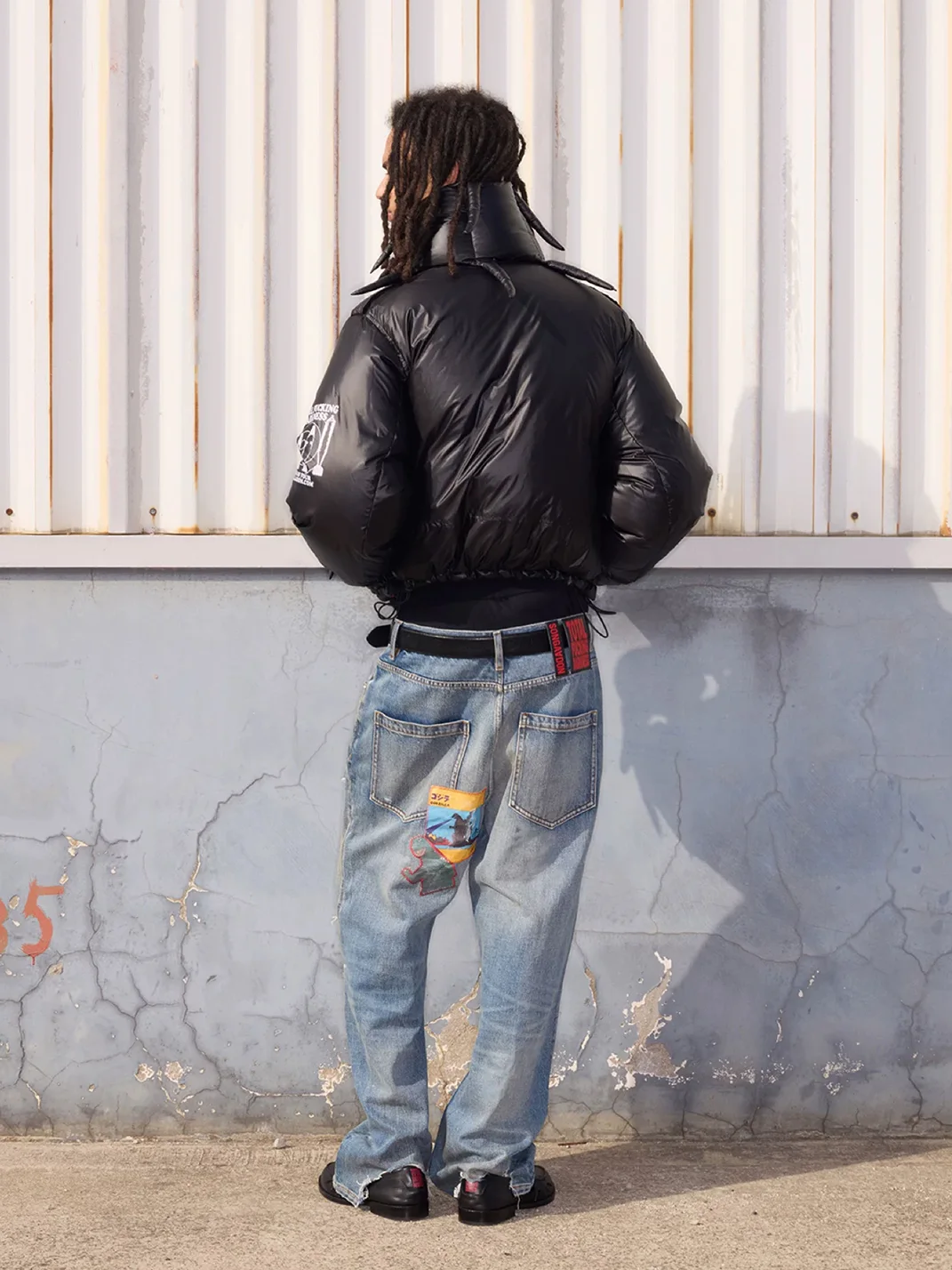 SONGAADON | Distressed Patchwork Embroidered Rhinestone Straight-Leg Jeans