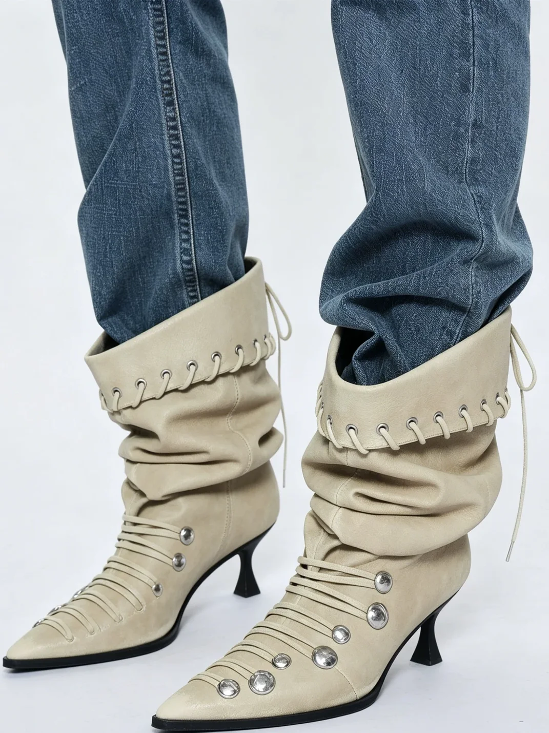 RONGRONG BABY | Vintage Ruched Studded Mid-Calf Boots