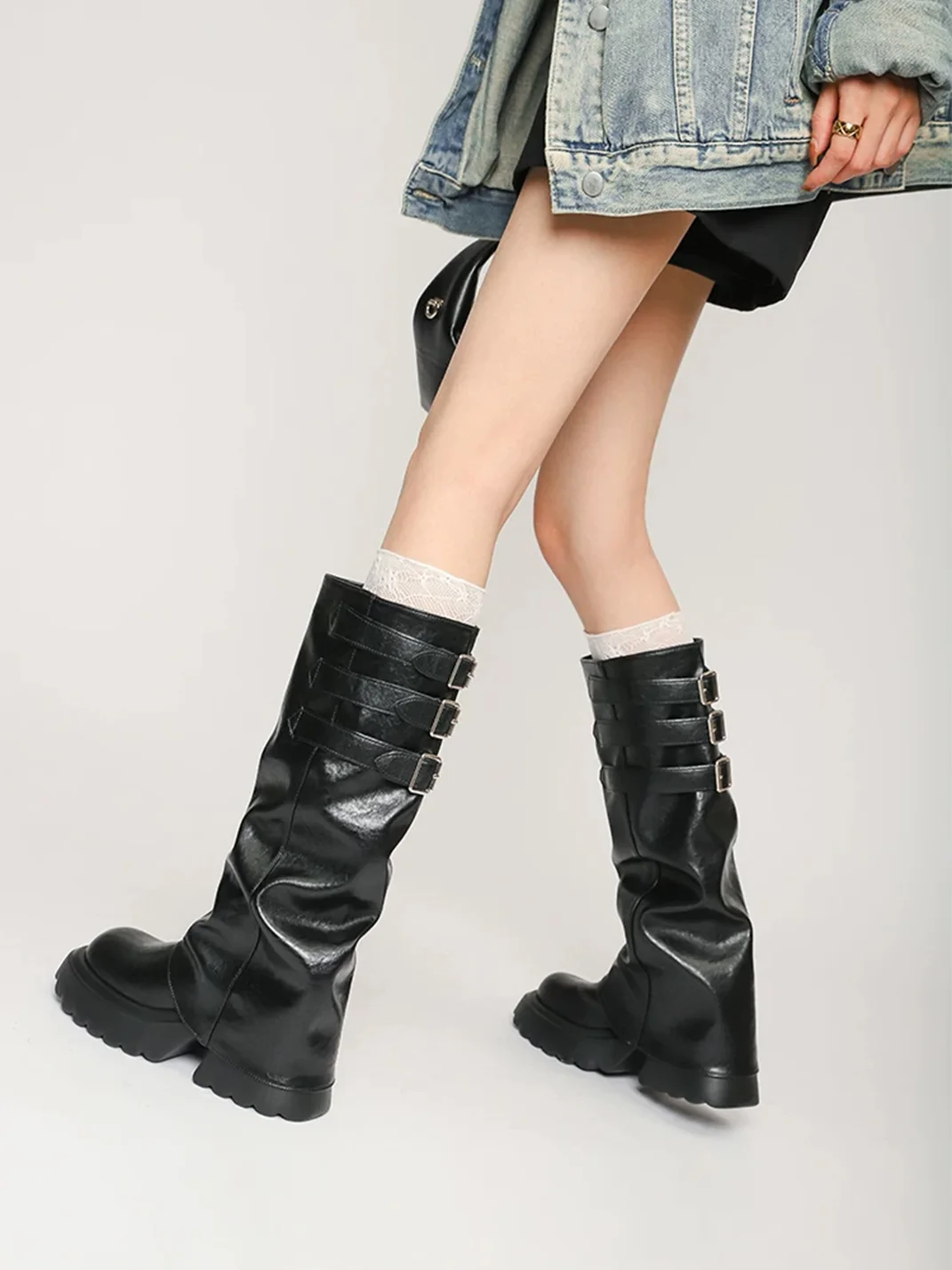 In lucky | Ruched Platform Knee-High Buckle Boots