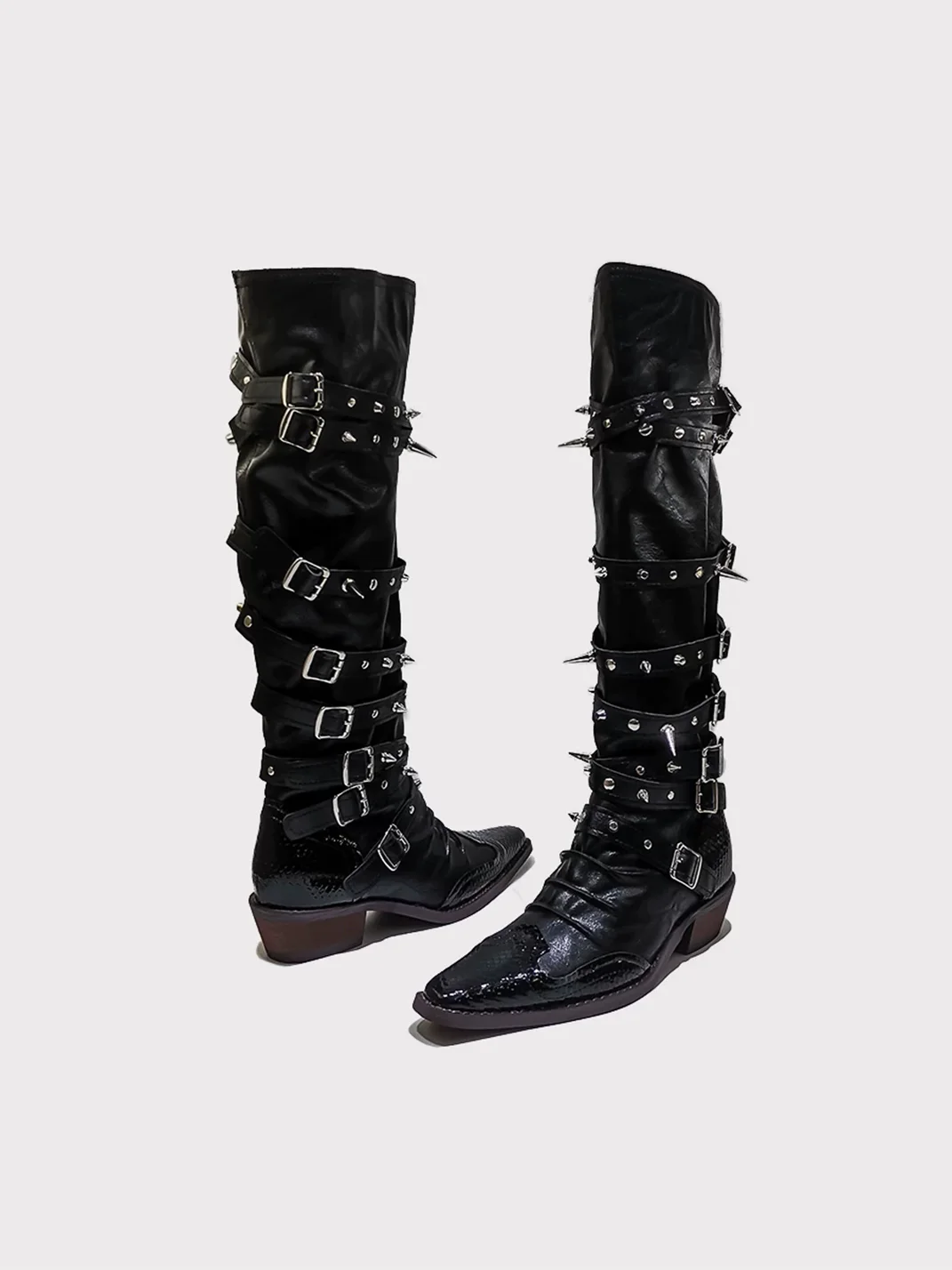 In lucky | Gothic Studded Pointed Toe Knee High Boots