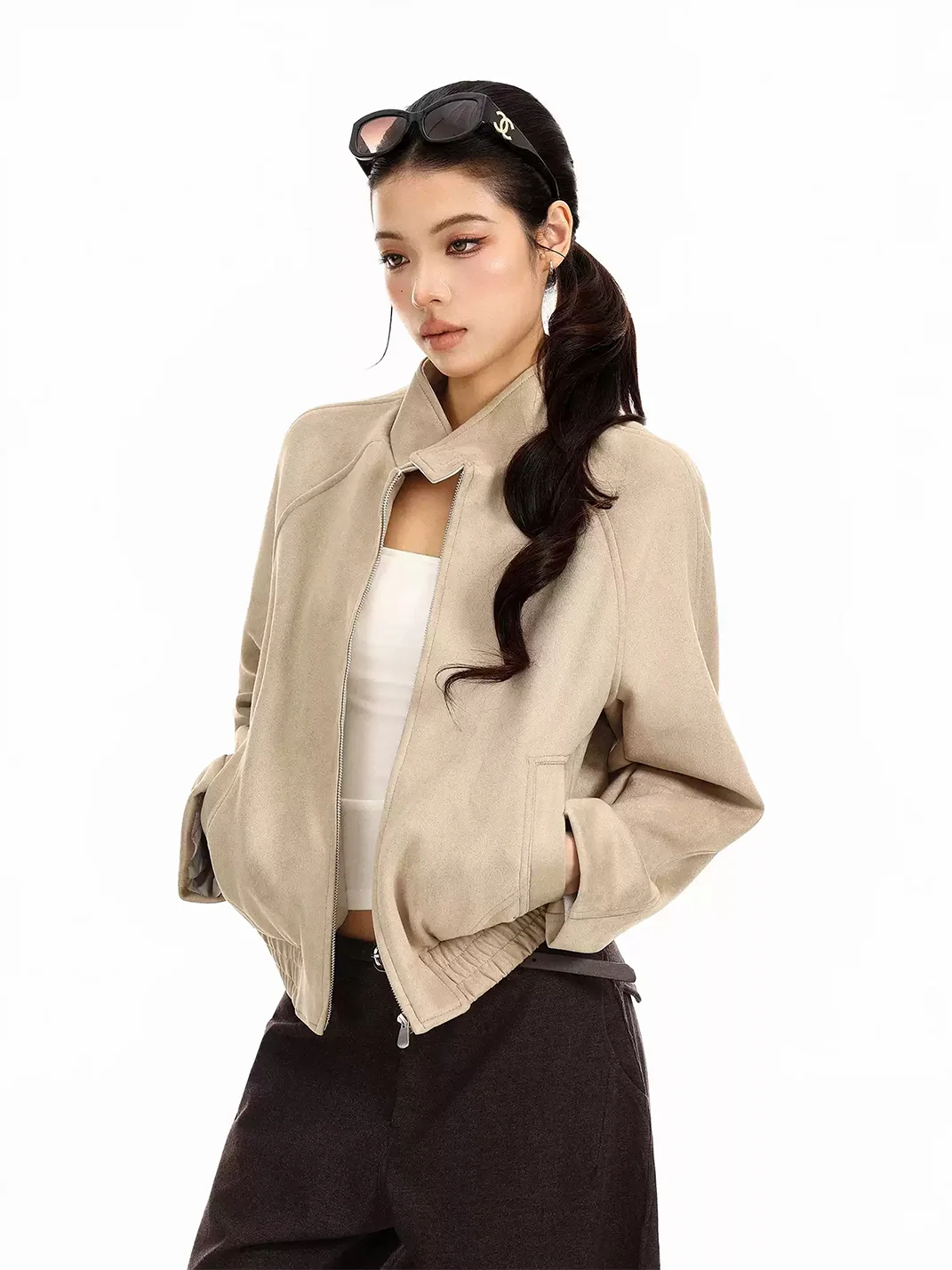 BIGGOLD | Suede-Texture Stand Collar Cropped Jacket