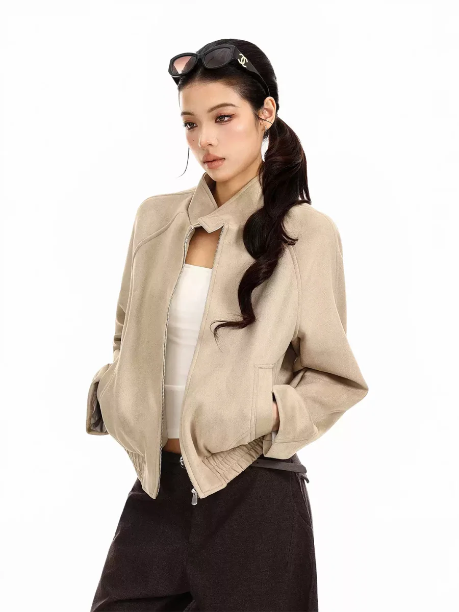 BIGGOLD | Suede-Texture Stand Collar Cropped Jacket - 4