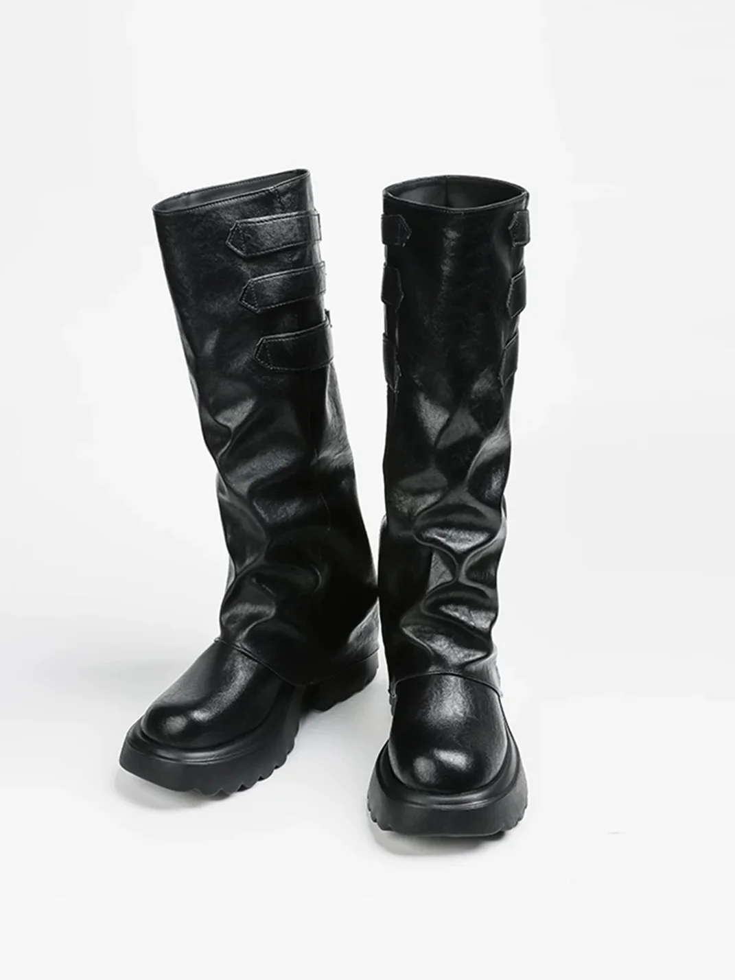 In lucky | Ruched Platform Knee-High Buckle Boots