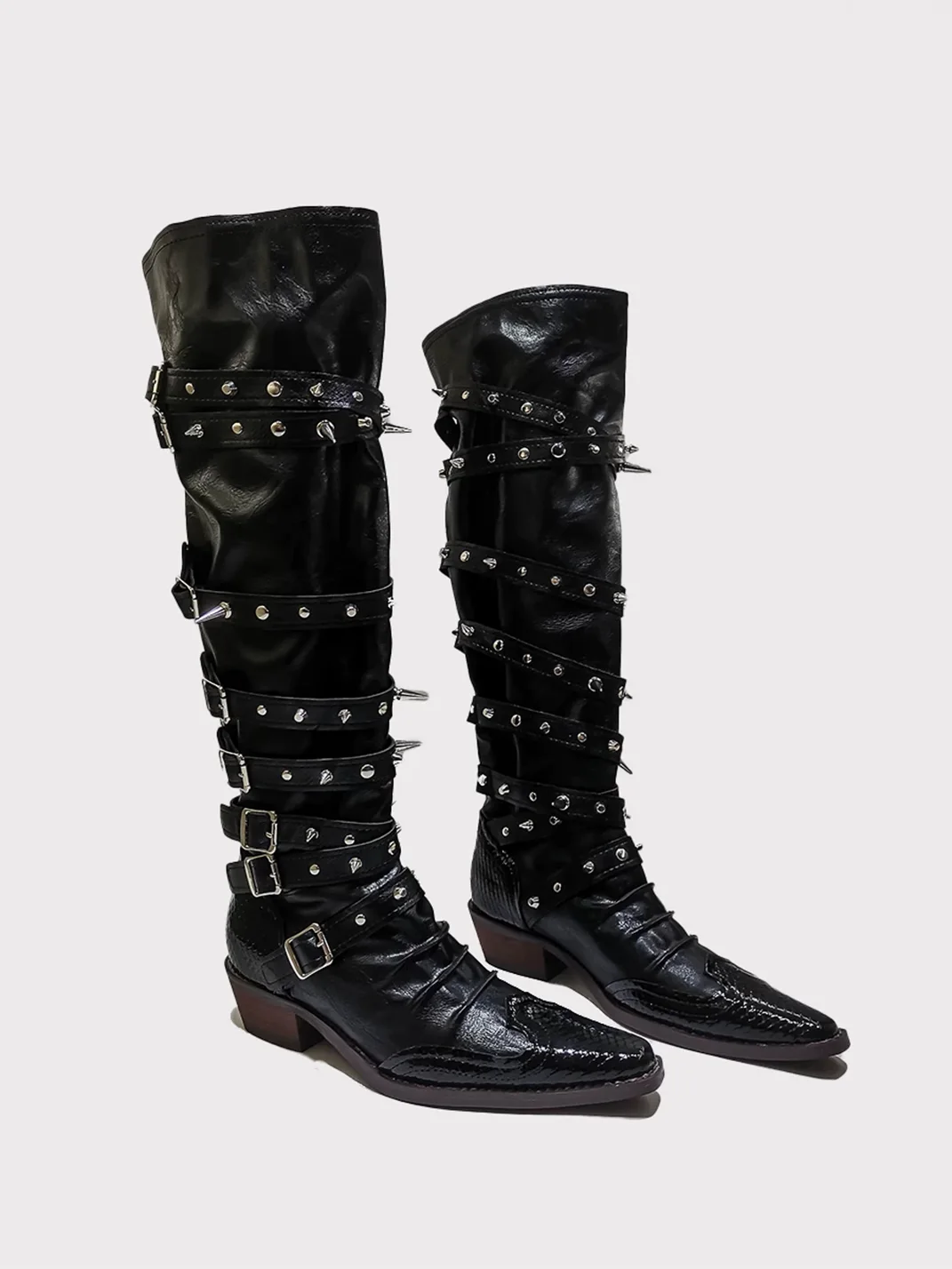 In lucky | Gothic Studded Pointed Toe Knee High Boots
