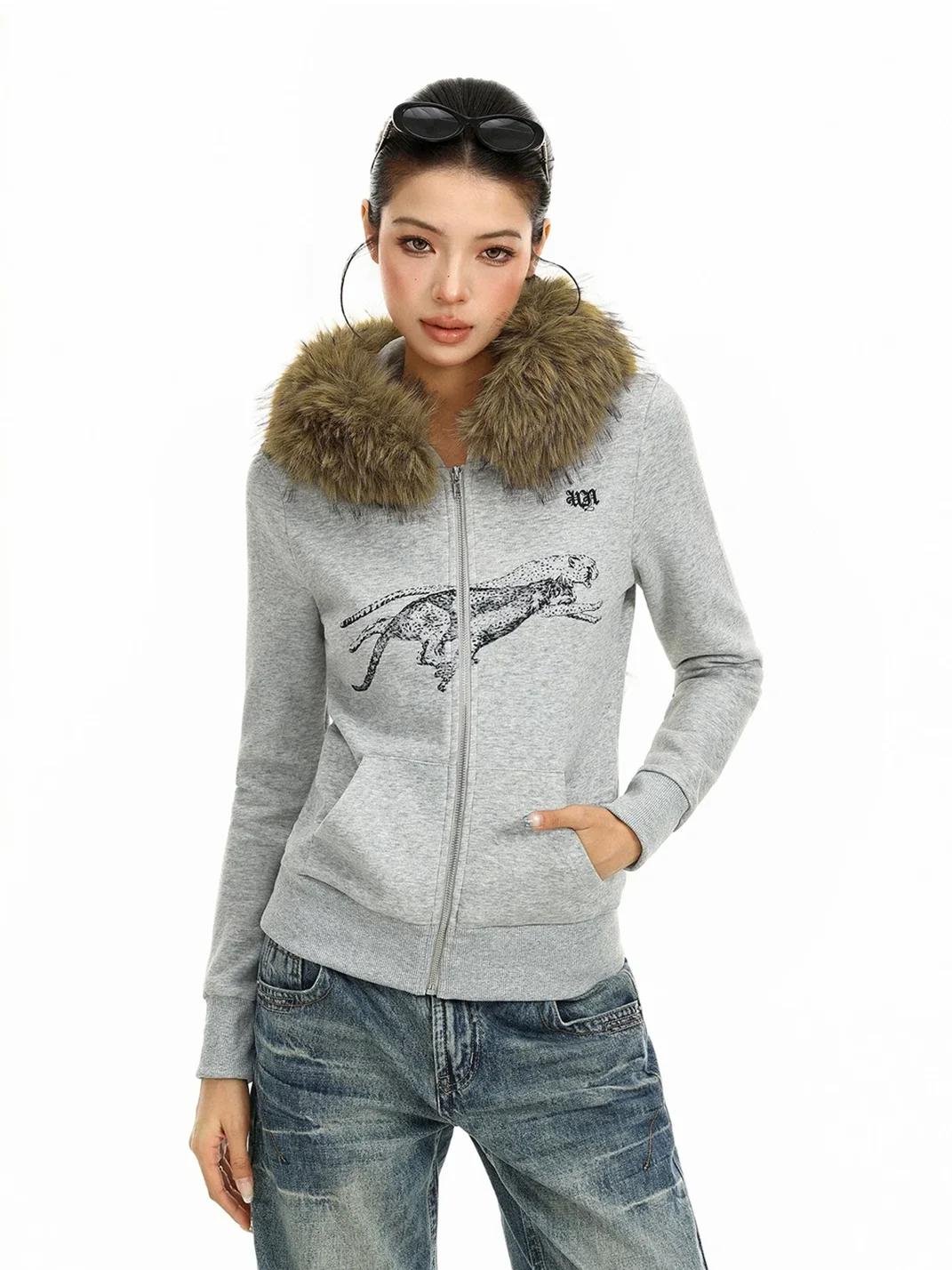 BIGGOLD | Slim Cheetah Graphic Faux Fur Trim Zip Hoodie