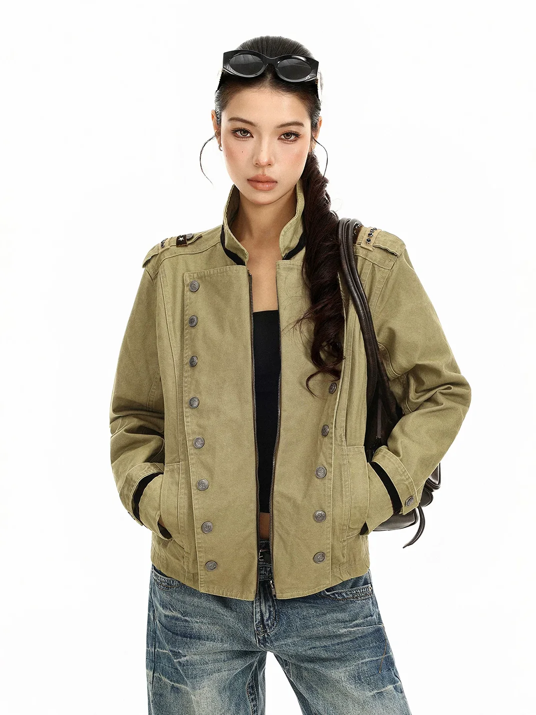 BIGGOLD | Cropped Double-Breasted Stand Collar Jacket