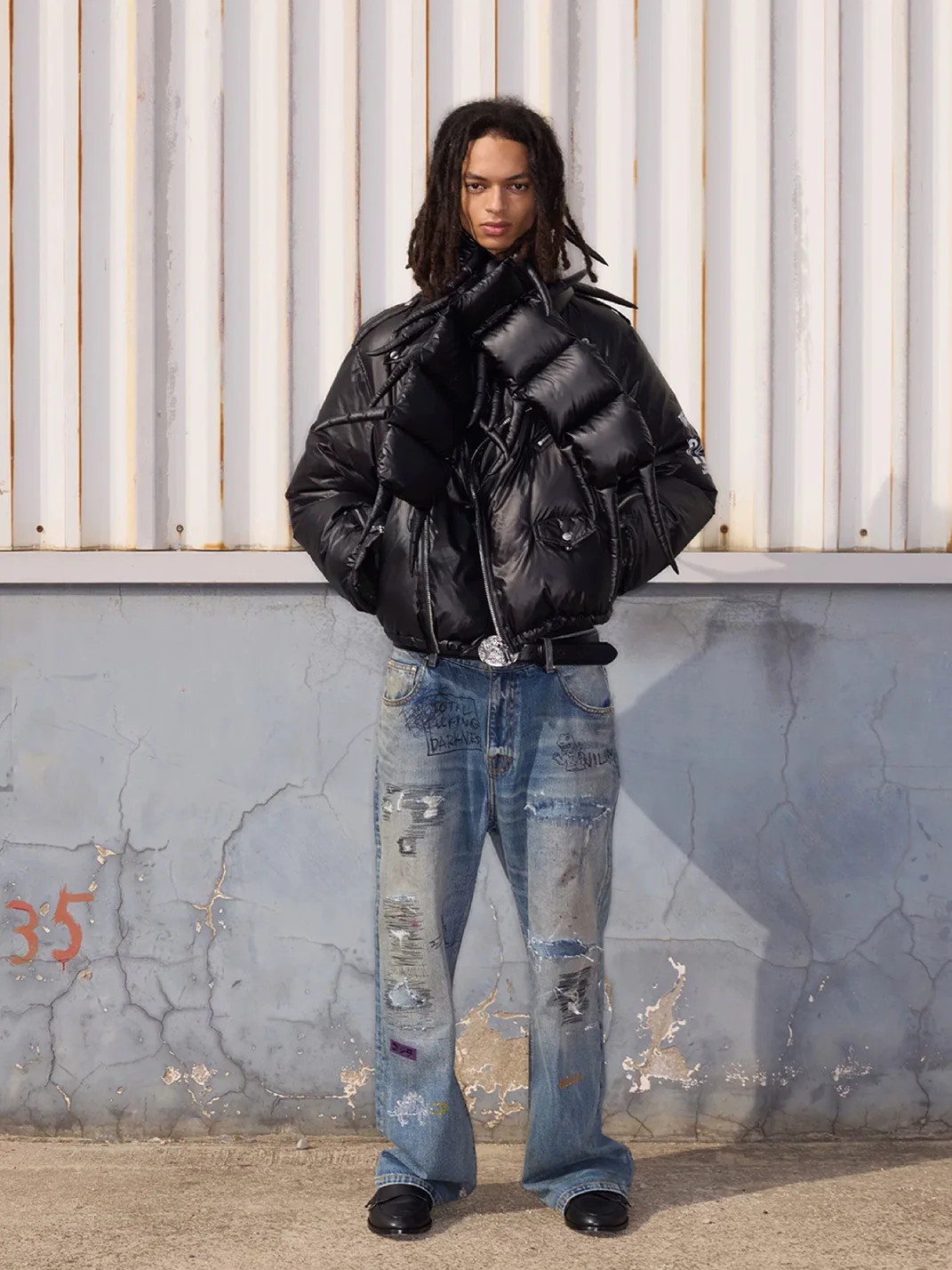 SONGAADON | Distressed Patchwork Embroidered Rhinestone Straight-Leg Jeans