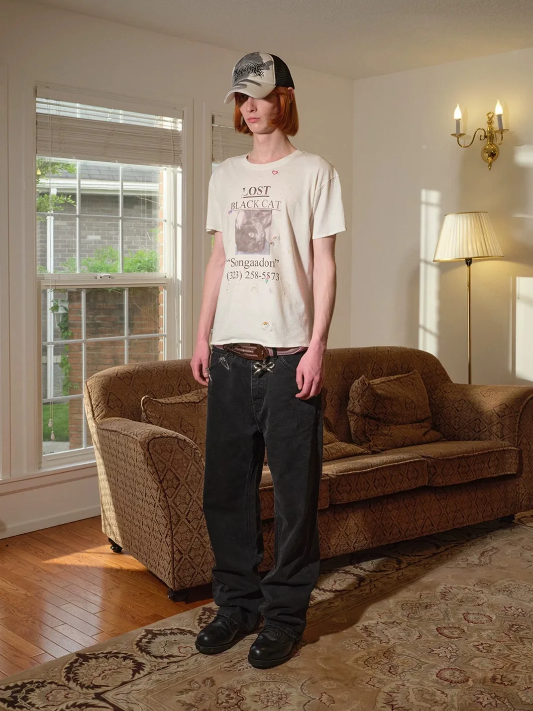 SONGAADON | Lost Cat Graphic Slim Fit Linen Blend T-Shirt