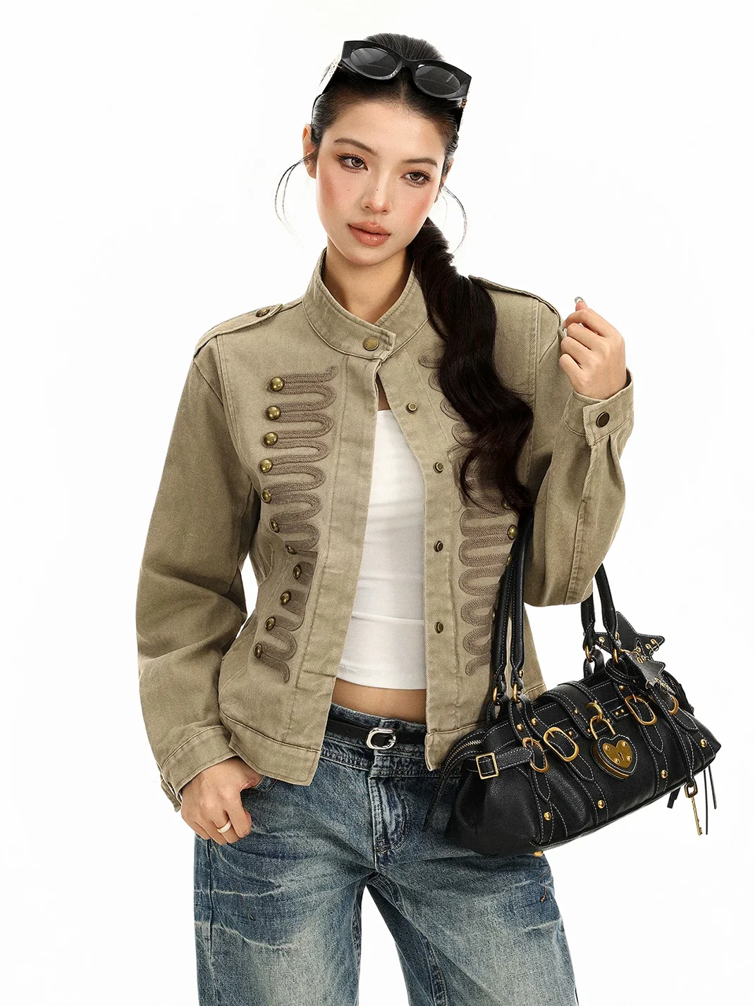 BIGGOLD | Cropped Stand Collar Braided Button Jacket