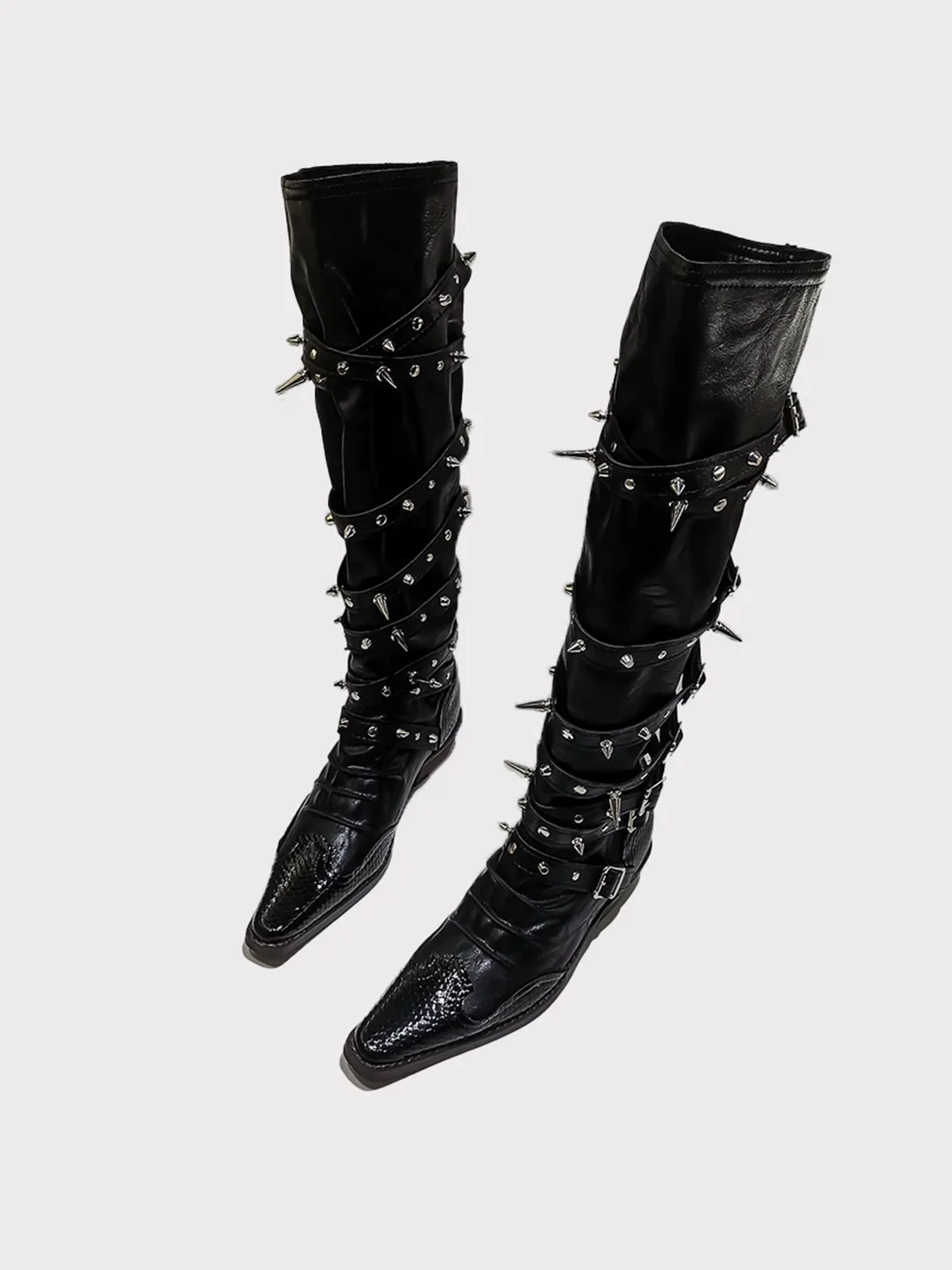 In lucky | Gothic Studded Pointed Toe Knee High Boots