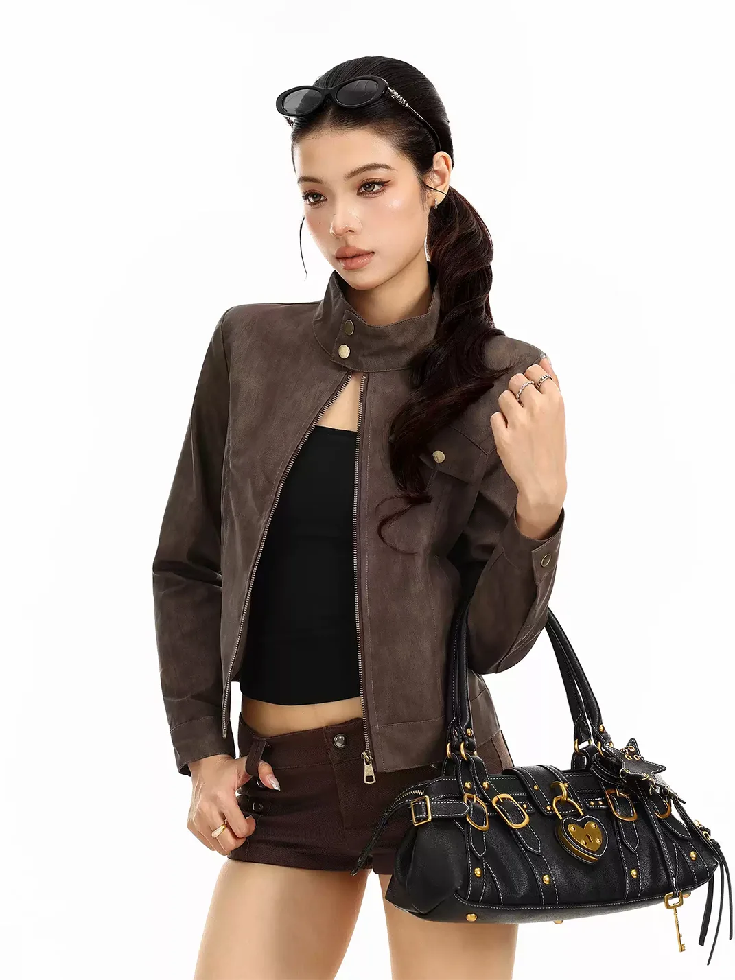 BIGGOLD | Cropped Stand Collar PU Leather Jacket