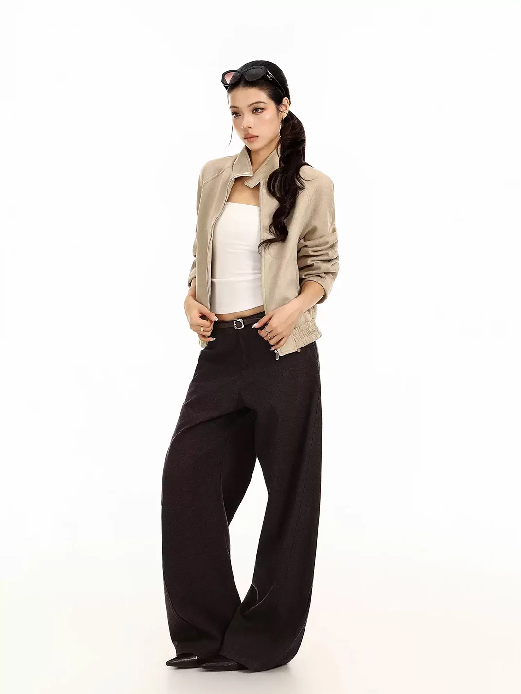 BIGGOLD | Suede-Texture Stand Collar Cropped Jacket