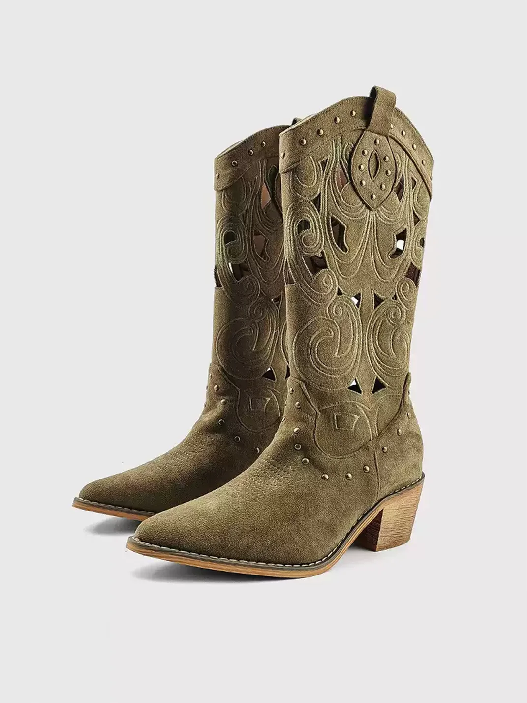 In lucky | Embroidered Cutout Western Tall Boots
