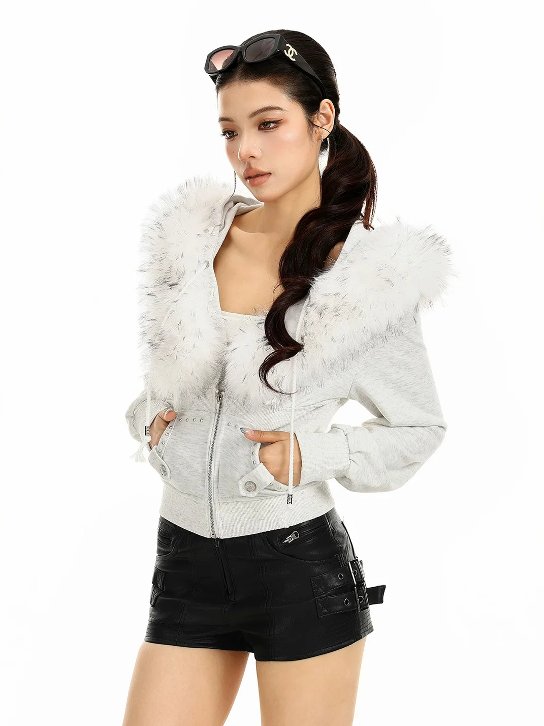 BIGGOLD | Cropped Detachable Fur Trim Hooded Zip Jacket