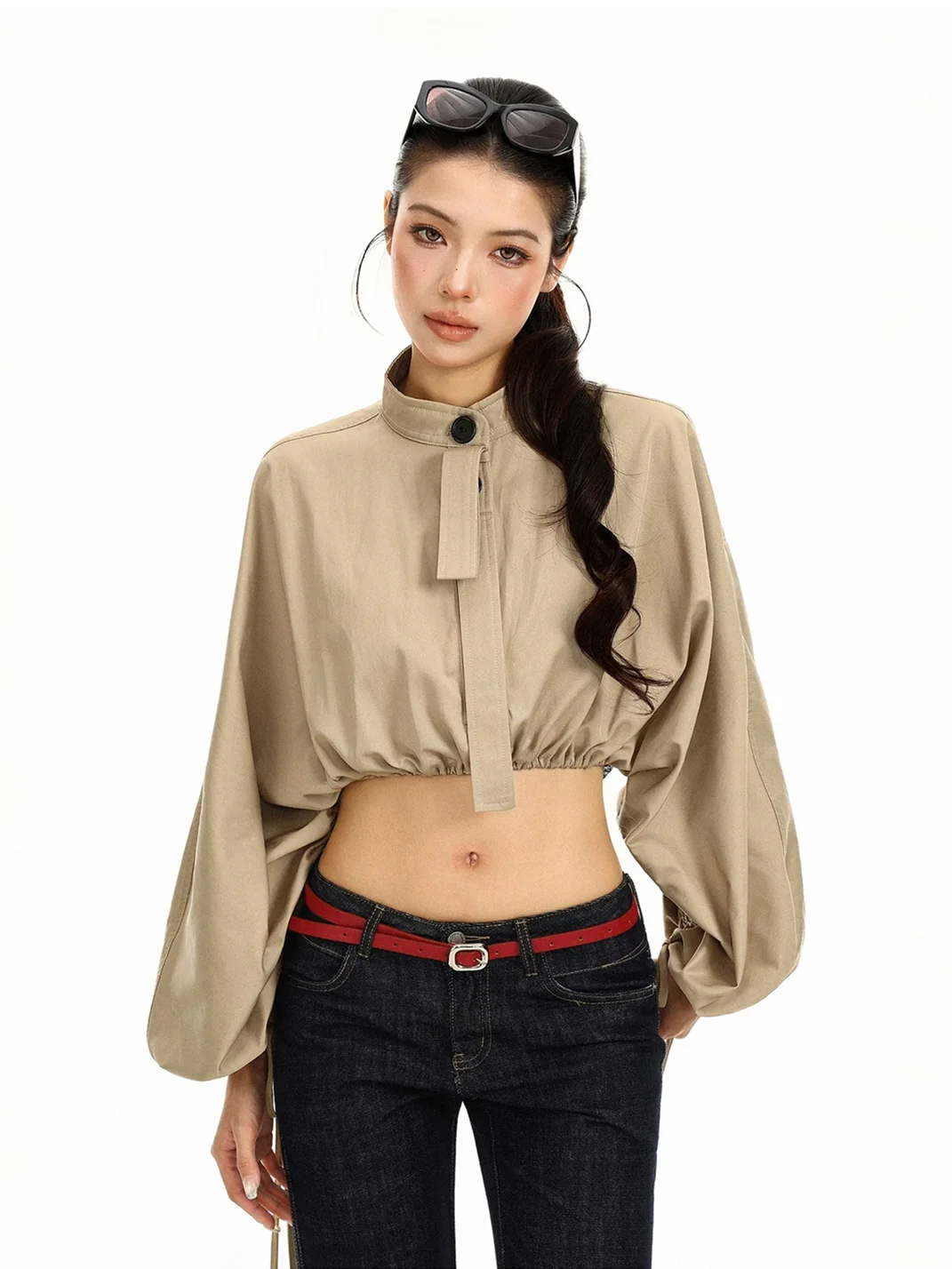 BIGGOLD | Khaki Stand Collar Drawstring Cropped Jacket