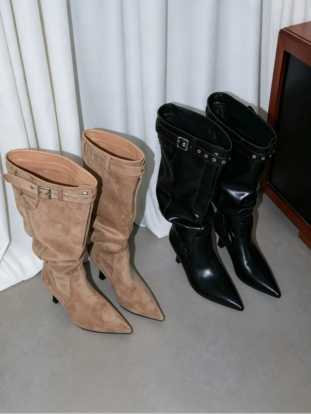 In lucky | Pointed Toe Ruched Stiletto Knee-High Boots