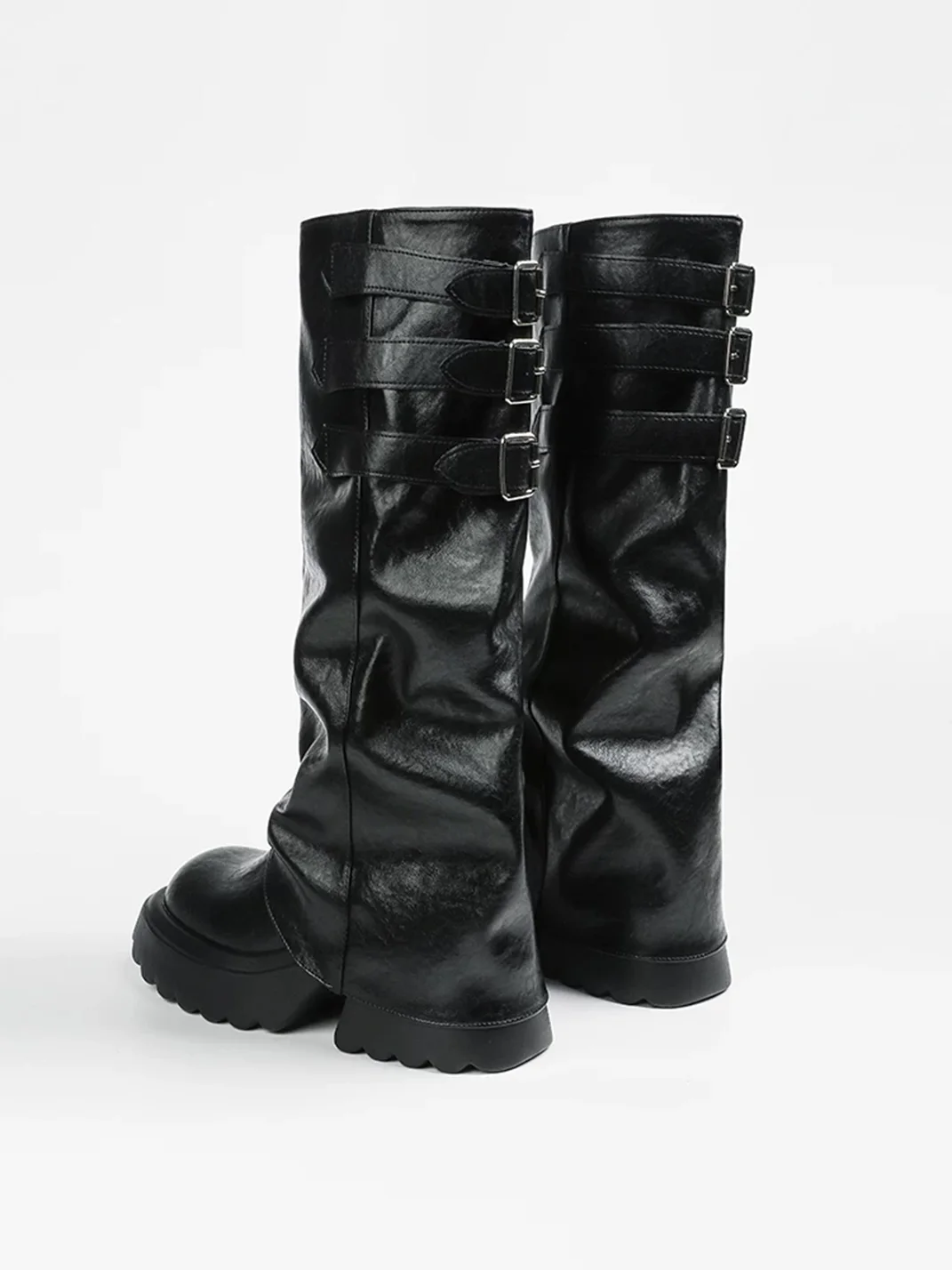 In lucky | Ruched Platform Knee-High Buckle Boots