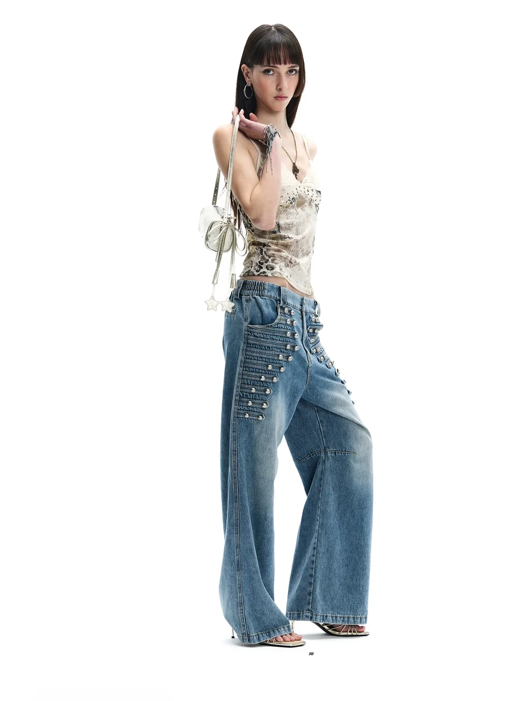 FayChui | Leopard Lace Trim Studded Camisole Tank Top