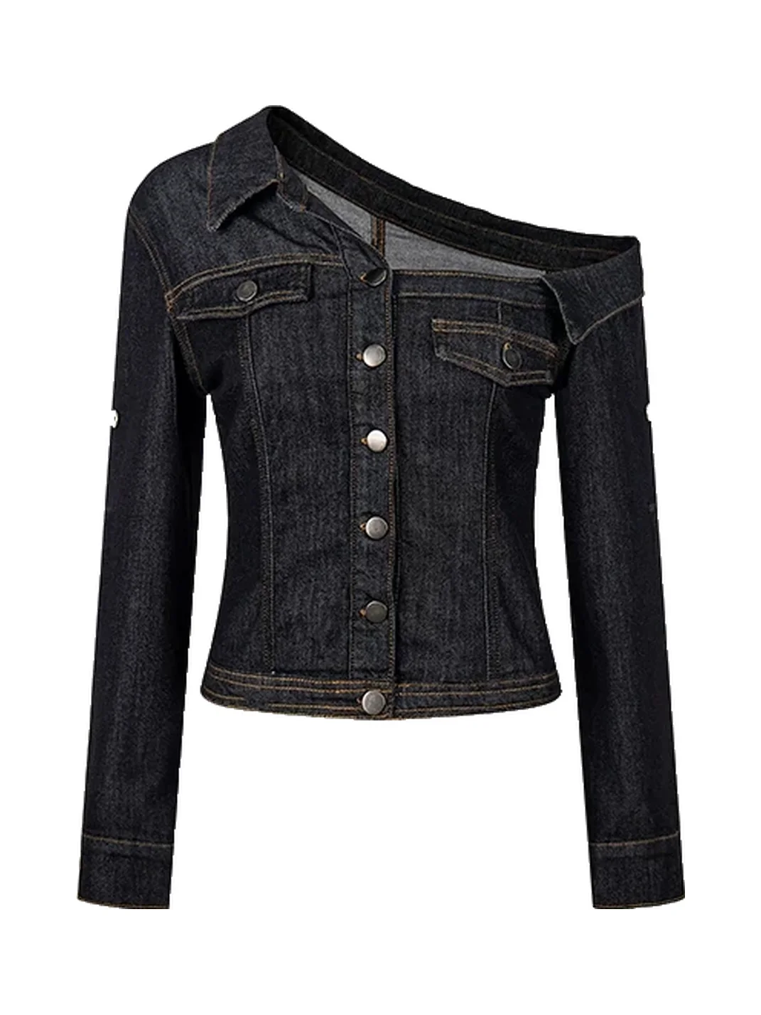 BIGGOLD | Off-Shoulder Cropped Denim Jacket