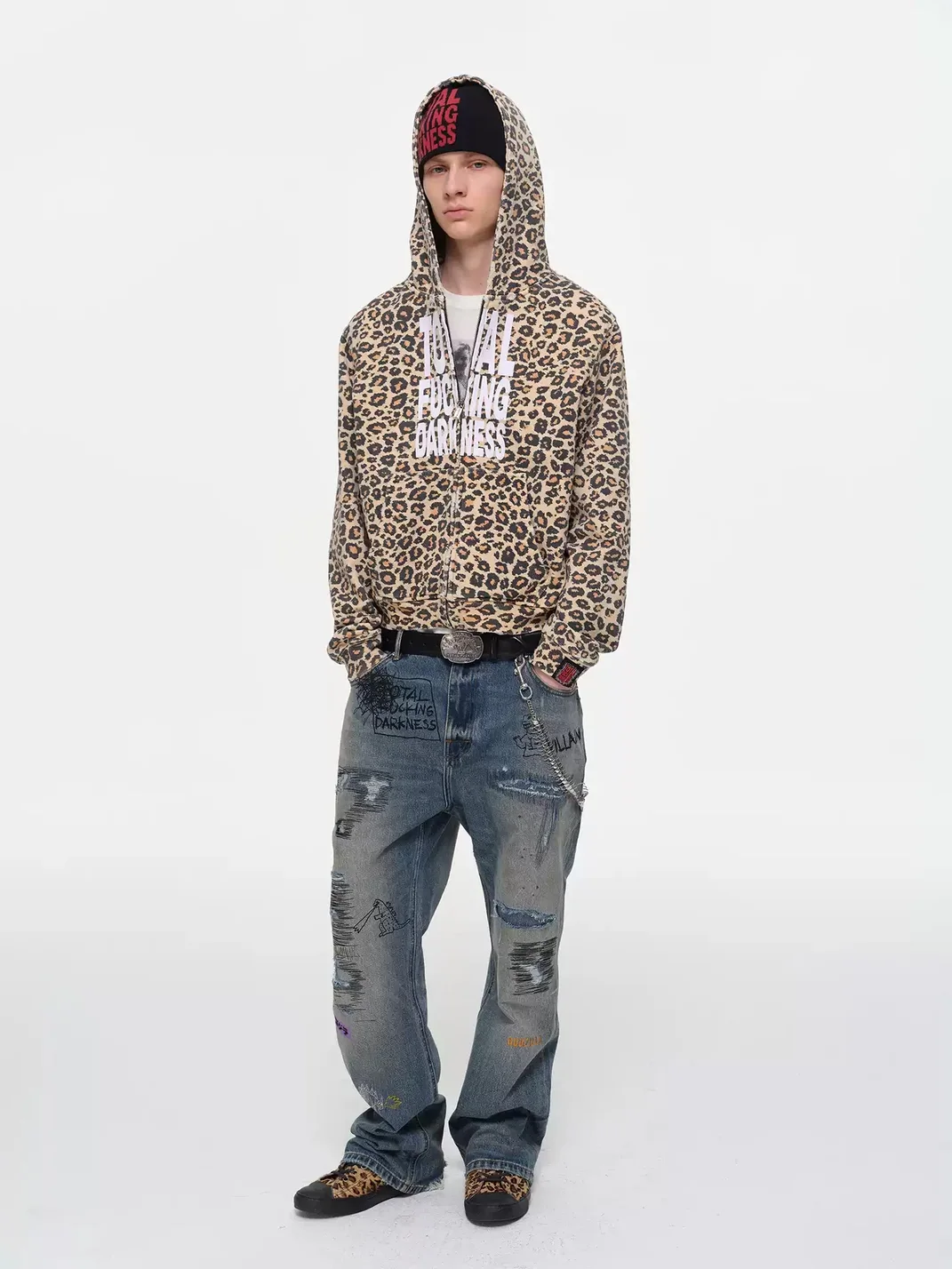 SONGAADON | Leopard Print Washed Distressed Hoodie